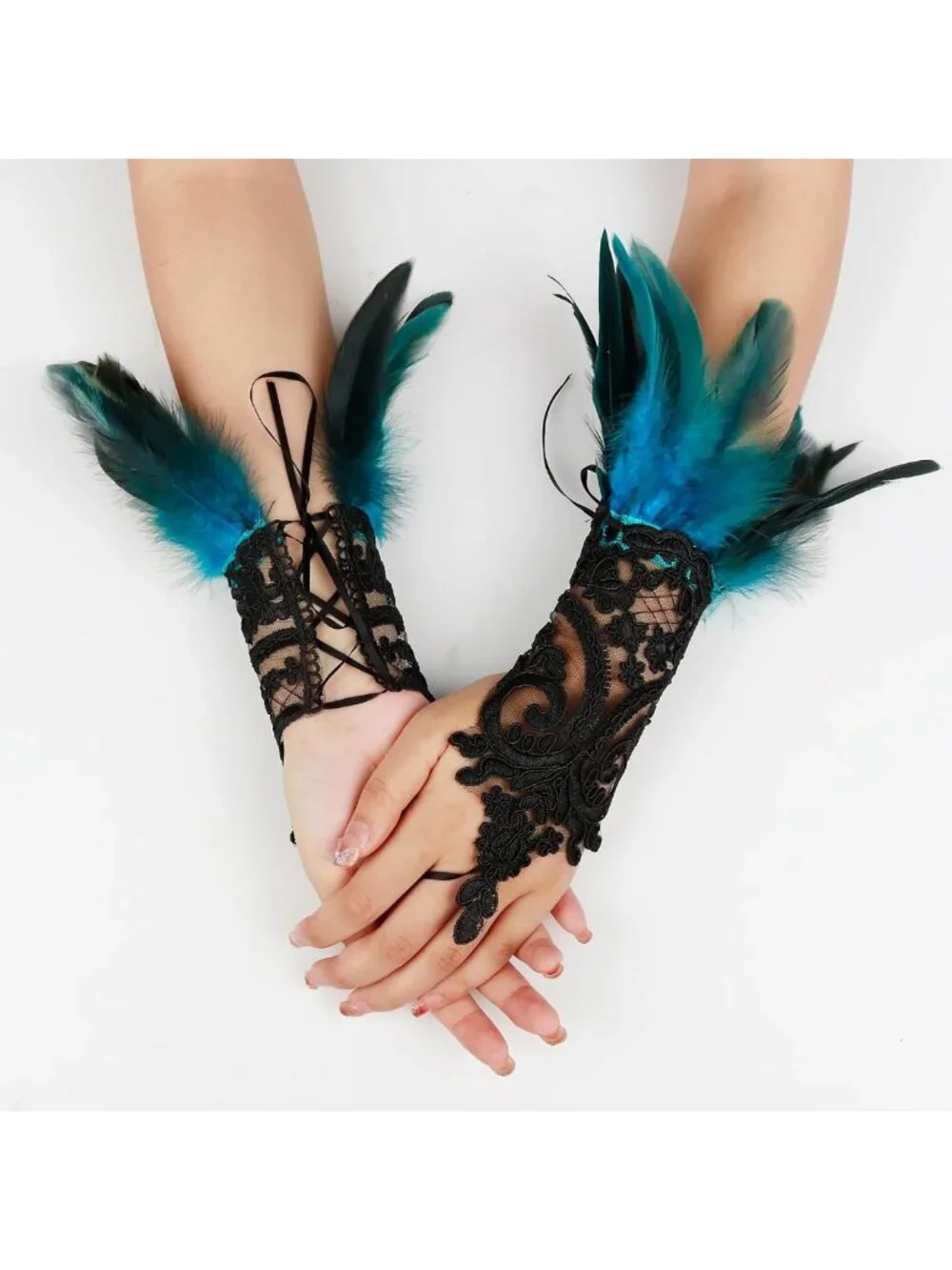 Gothic Black Lace Feather Long Gloves for Women - Halloween Witch Costume